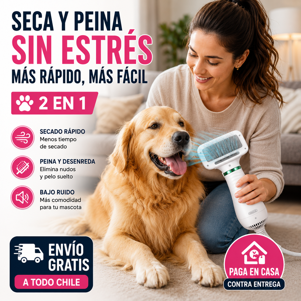 Cepillo Y Secador De Mascotas 2 En 1